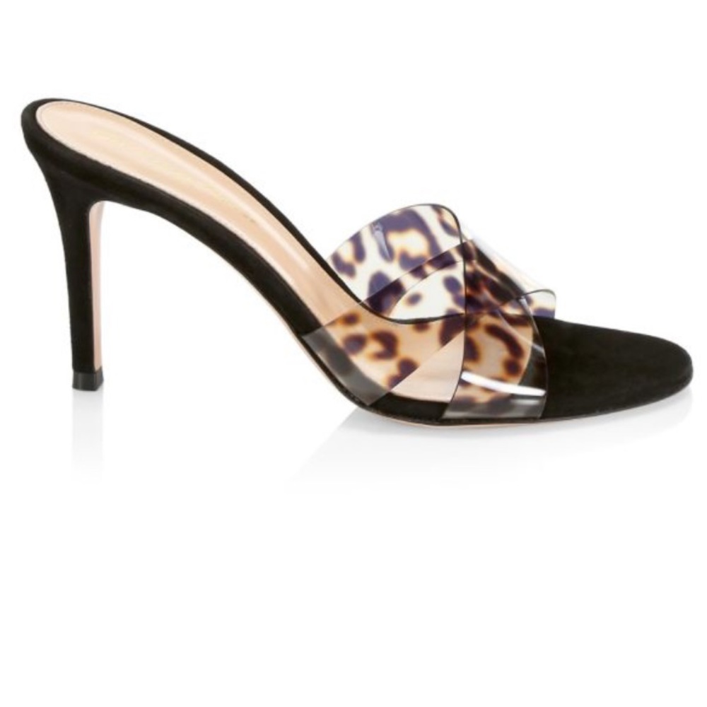 New GIANVITO ROSSI Ilenia Crisscross Leopard-Print PVC & Suede Mules Size 38 1/2